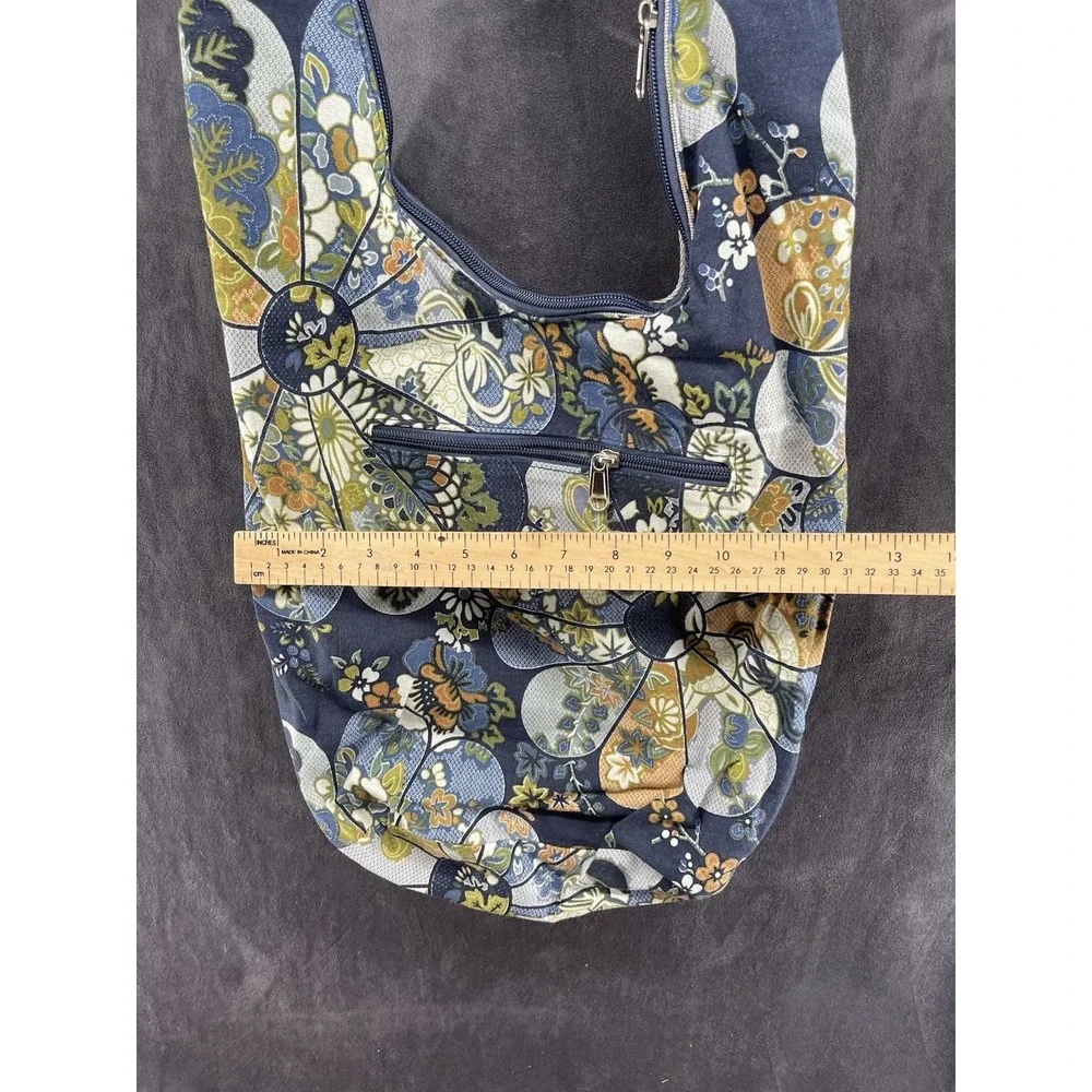 Boho Floral Cotton Sling Crossbody Hobo Bag Blue Hippie Festival Zip Purse